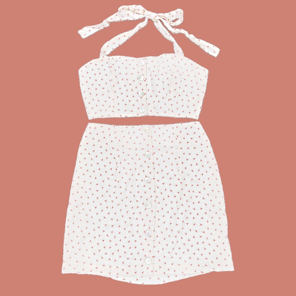 Princess Polly Beige Orange 2 Piece Set Halter Crop Top + Button Up Mini Skirt